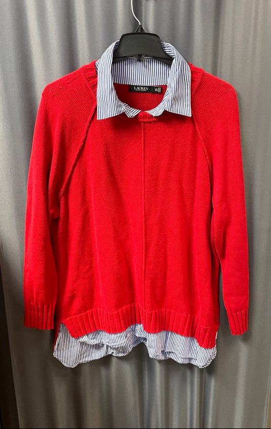 Lauren Ralph Lauren Women's Red Sweater Faux Layered Shirt Collar Hem Sz 3XL