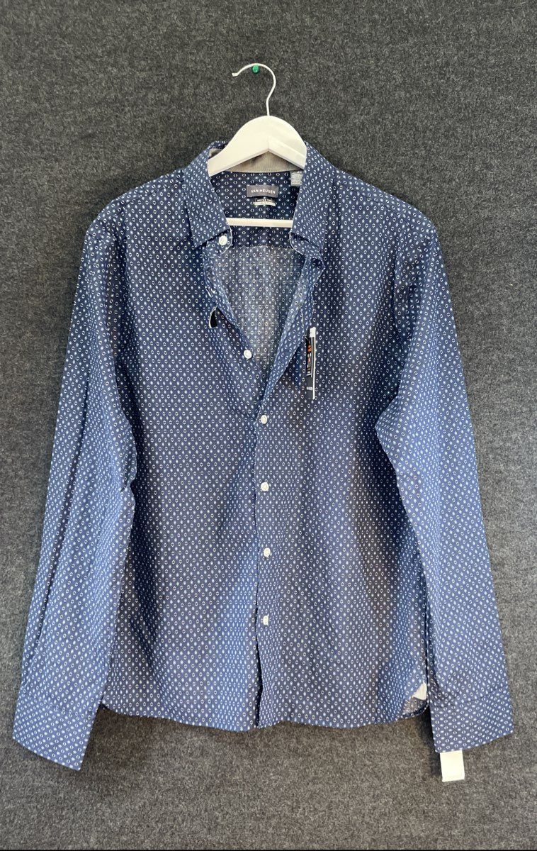 Van Heusen Men's Blue Geometric Slim Fit Stain Shield Long Sleeve Shirt NWT Sz L