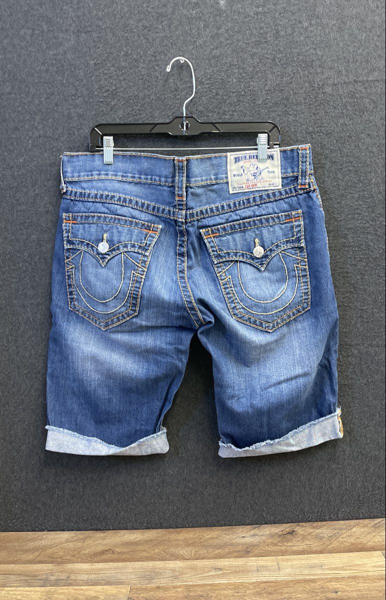 True Religion Men's Blue Distressed Cut Off Denim Shorts Horseshoe Sz 36