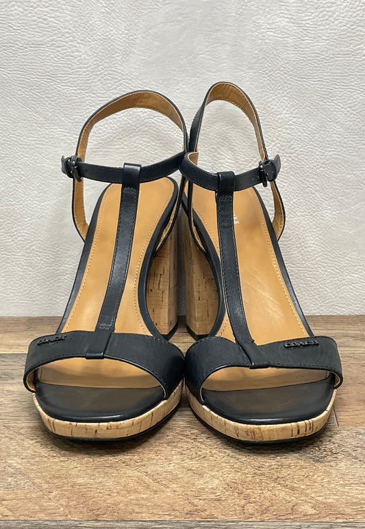 Coach Brianna Black Leather Cork Platform Wedge Ankle Strap Sandals Size 10B