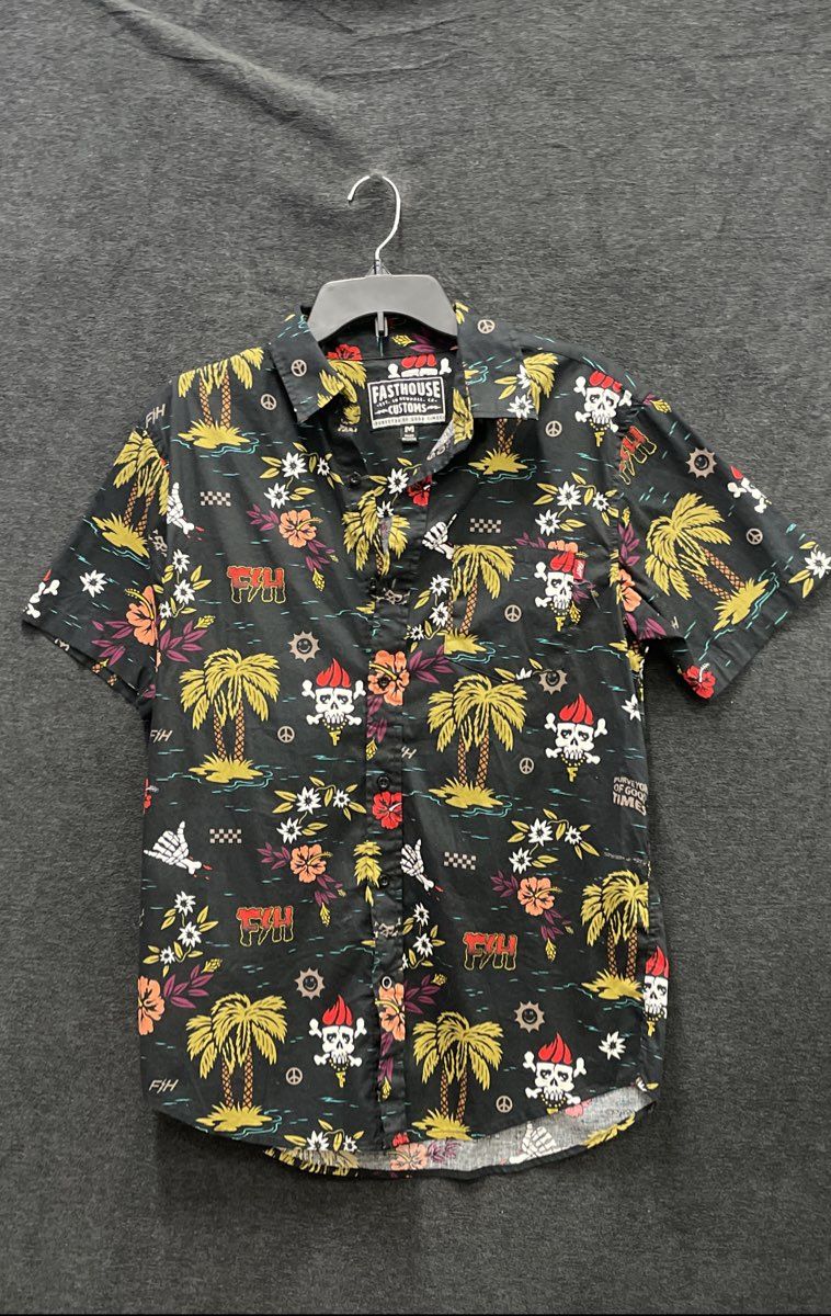 Fasthouse Customs Tropical Skull Hawaiian Button Down Shirt Black Mens Sz M