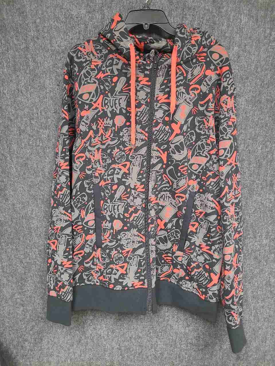 PAX Men's Full Zip Hoodie Black Gray Orange Graffiti Spray Can Art Streetwear XL