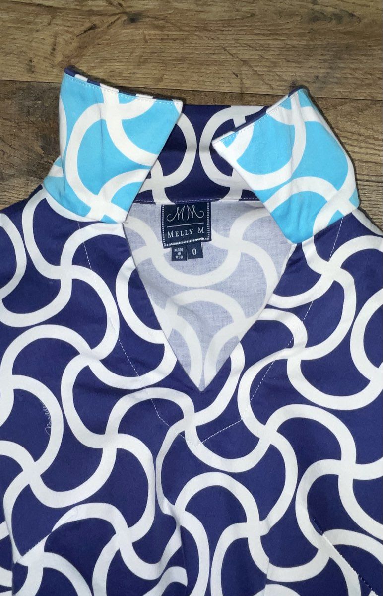 Melly M Women's Navy Blue White Geometric Link Shift Dress Sz 0 Made in USA