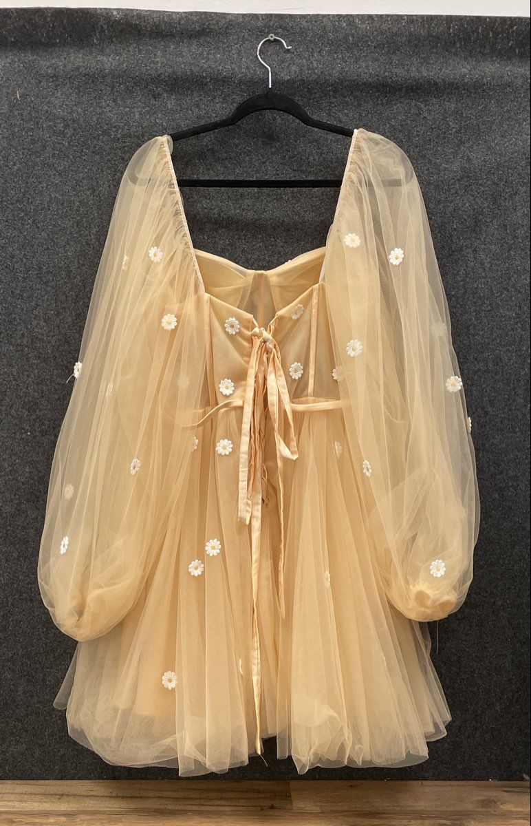 Women's Beige Tulle Daisy Floral Puff Sleeve Corset Mini Dress Lace Up Back