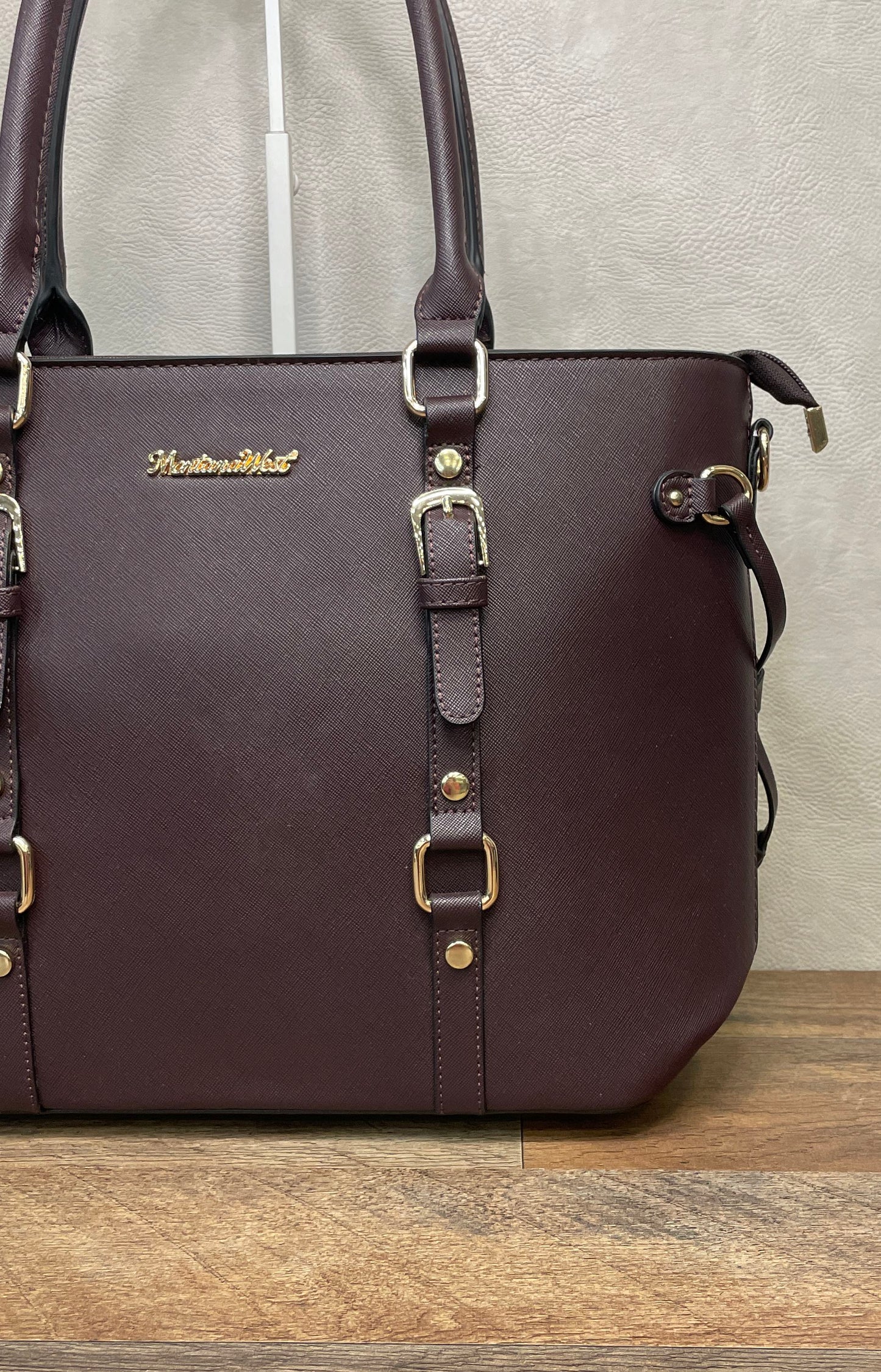 Montana West Burgundy Saffiano Faux Leather Buckle Tote Bag Gold Hardware