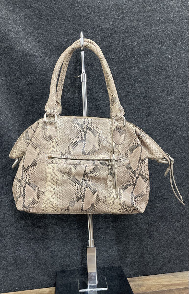 Cole Haan Beige Snakeskin Embossed Leather Satchel Handbag Silver Hardware