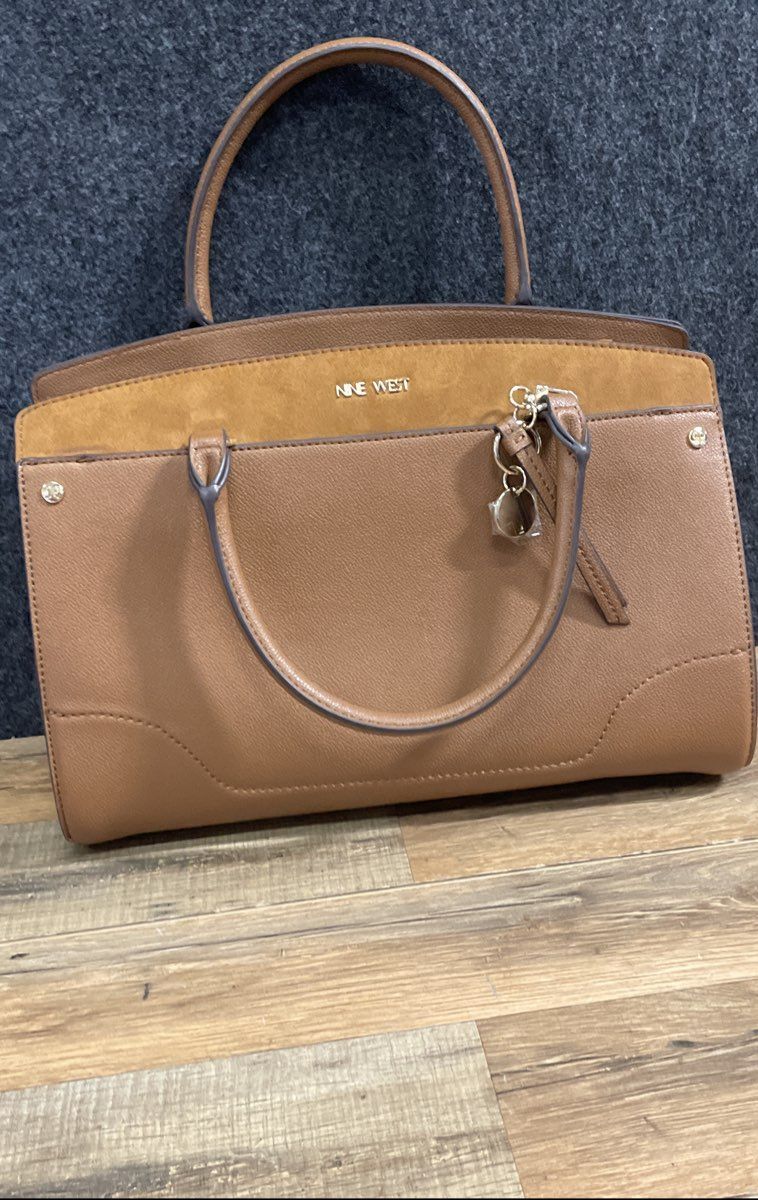 Nine West Brown Pebbled Faux Leather Suede Trim Satchel Tote Handbag