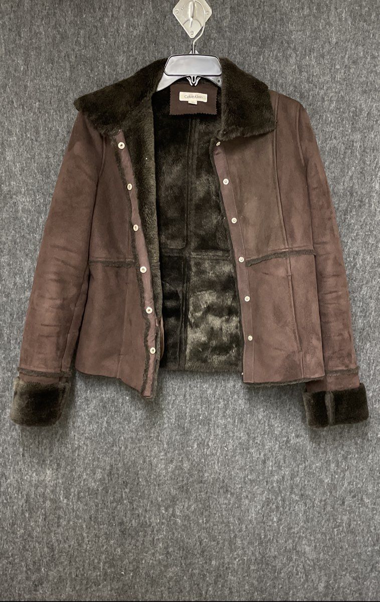 Calvin Klein Women's Brown Faux Suede Fur Lined Snap Front Jacket Sz XS