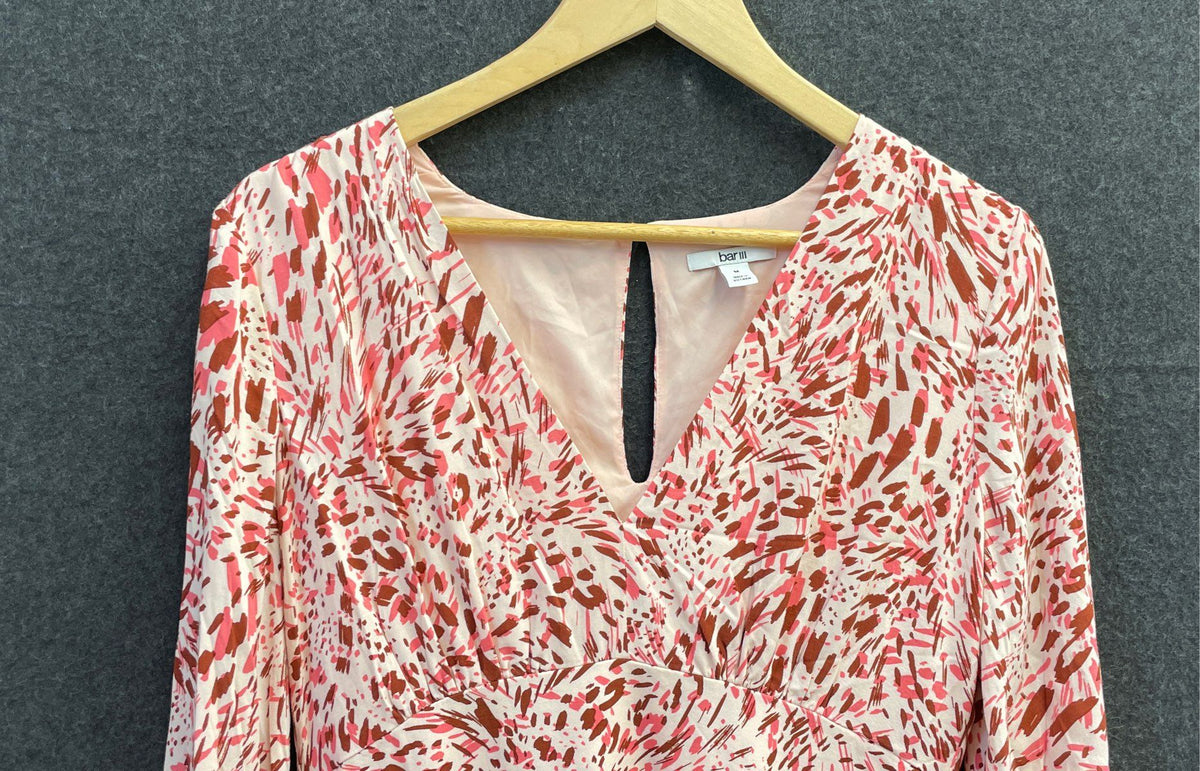 Bar III Women's Pink Abstract Print Long Sleeve V-Neck Smocked Mini Dress Sz M