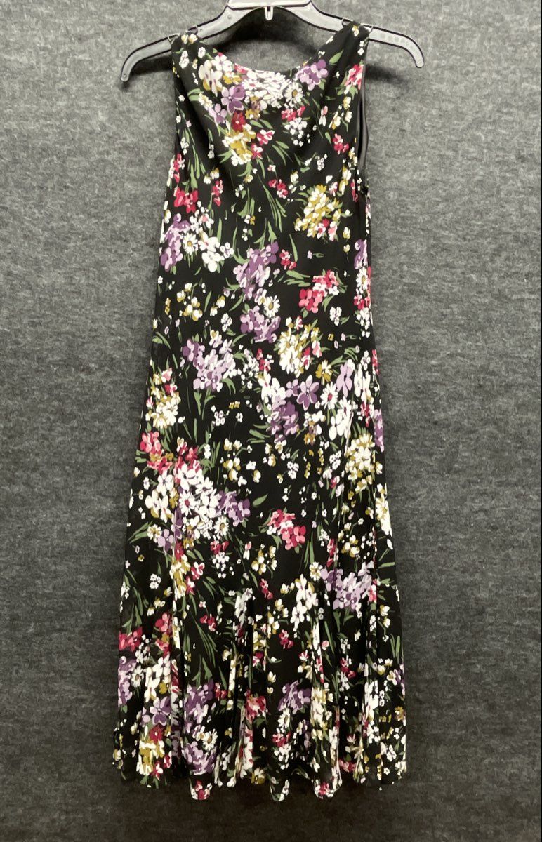 Chaps Women's Black Sleeveless Floral Print Midi Dress Tiered Flare Skirt Sz 6