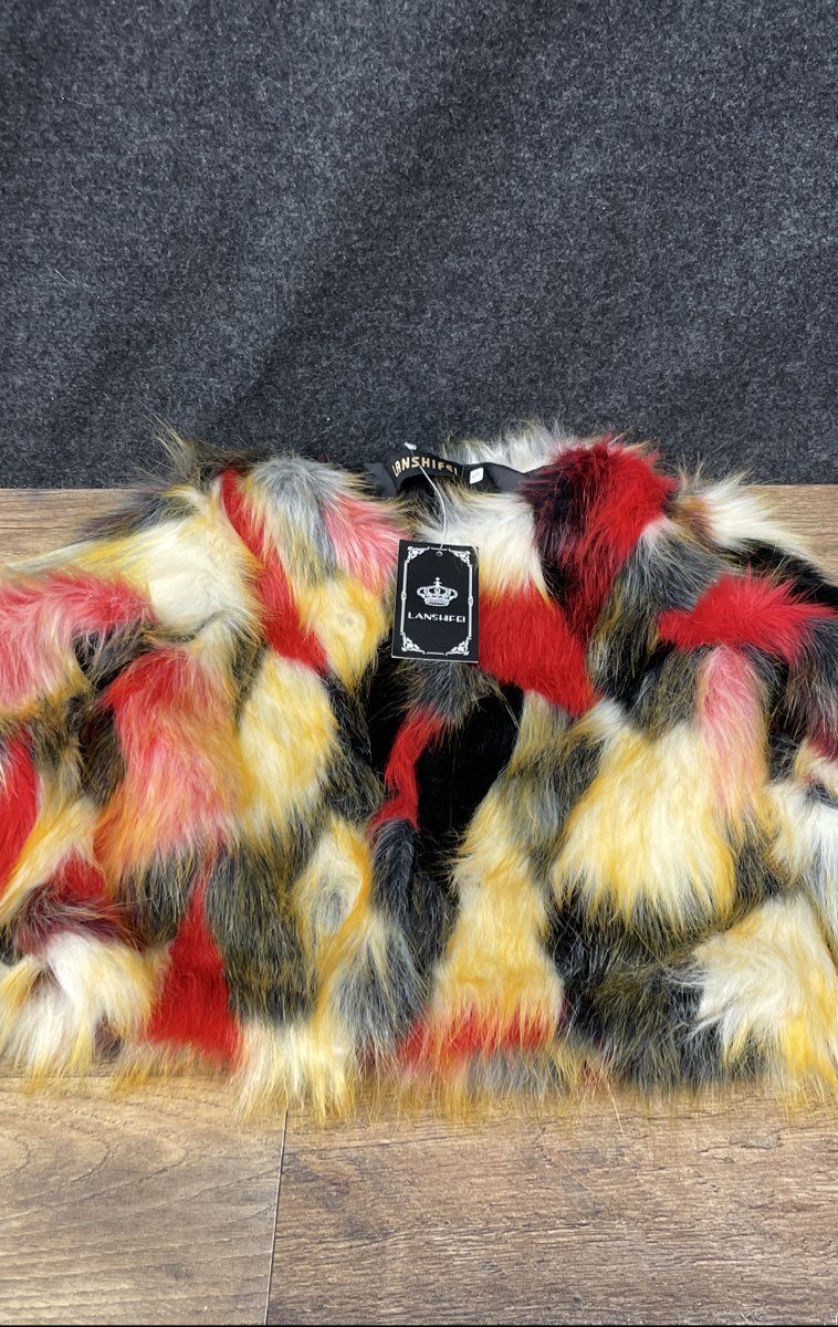 Lanshifei Women's Red Yellow Black Shaggy Faux Fur Patchwork Crop Jacket NWT S