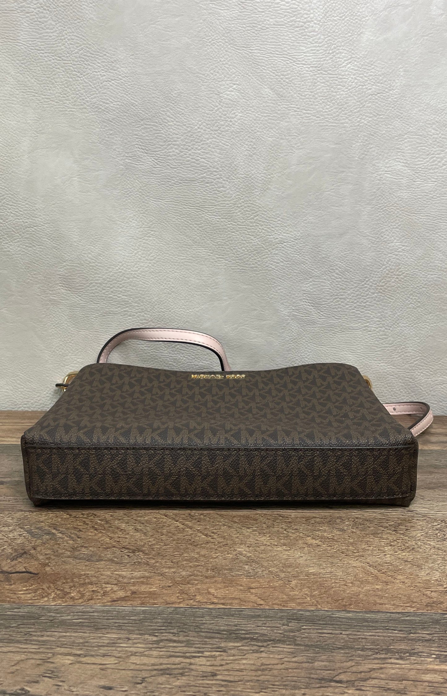 Michael Kors Brown Monogram Pink Jet Set East West Crossbody Bag Gold Hardware