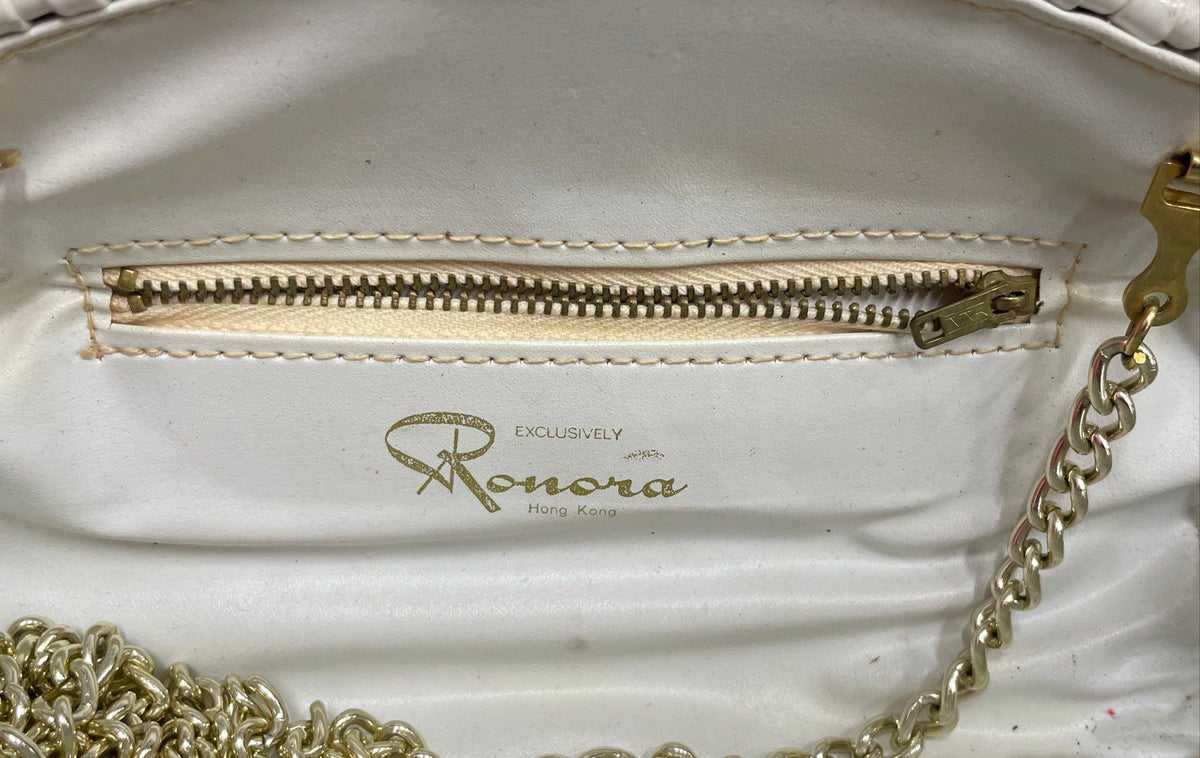 Vintage Ronora White Woven Clutch Bag Gold Shell Clasp Crossbody Hong Kong