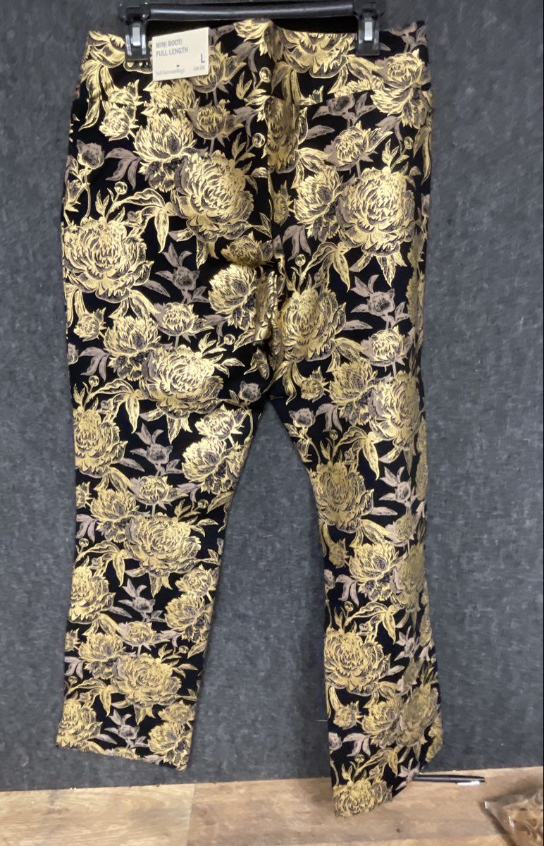 Soft Surroundings Women's Black Gold Floral Mini Boot Full Length Pants NWT Sz L