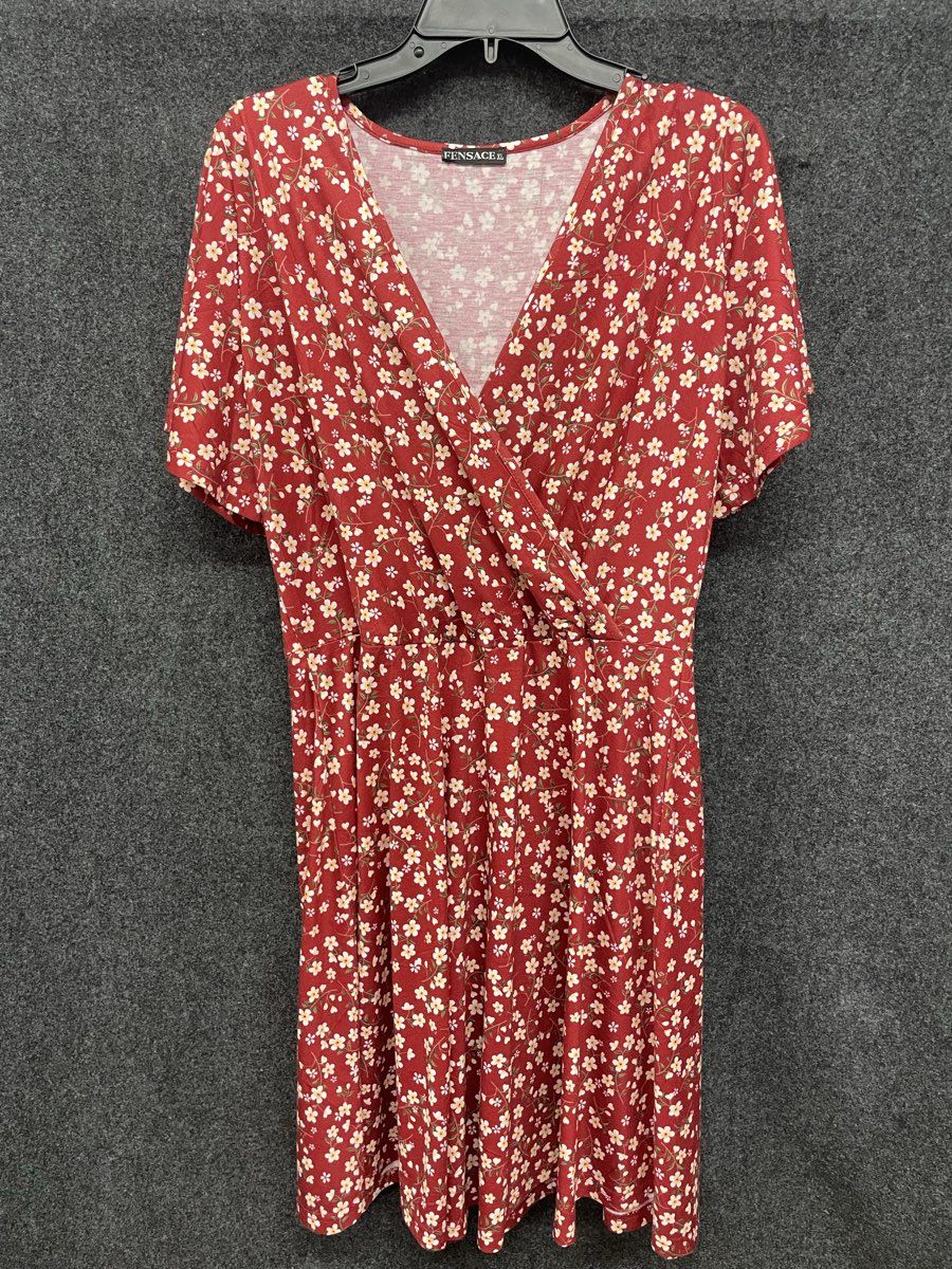 Fensace Women's Red Floral Print V-Neck Surplice Short Sleeve Dress Size XL