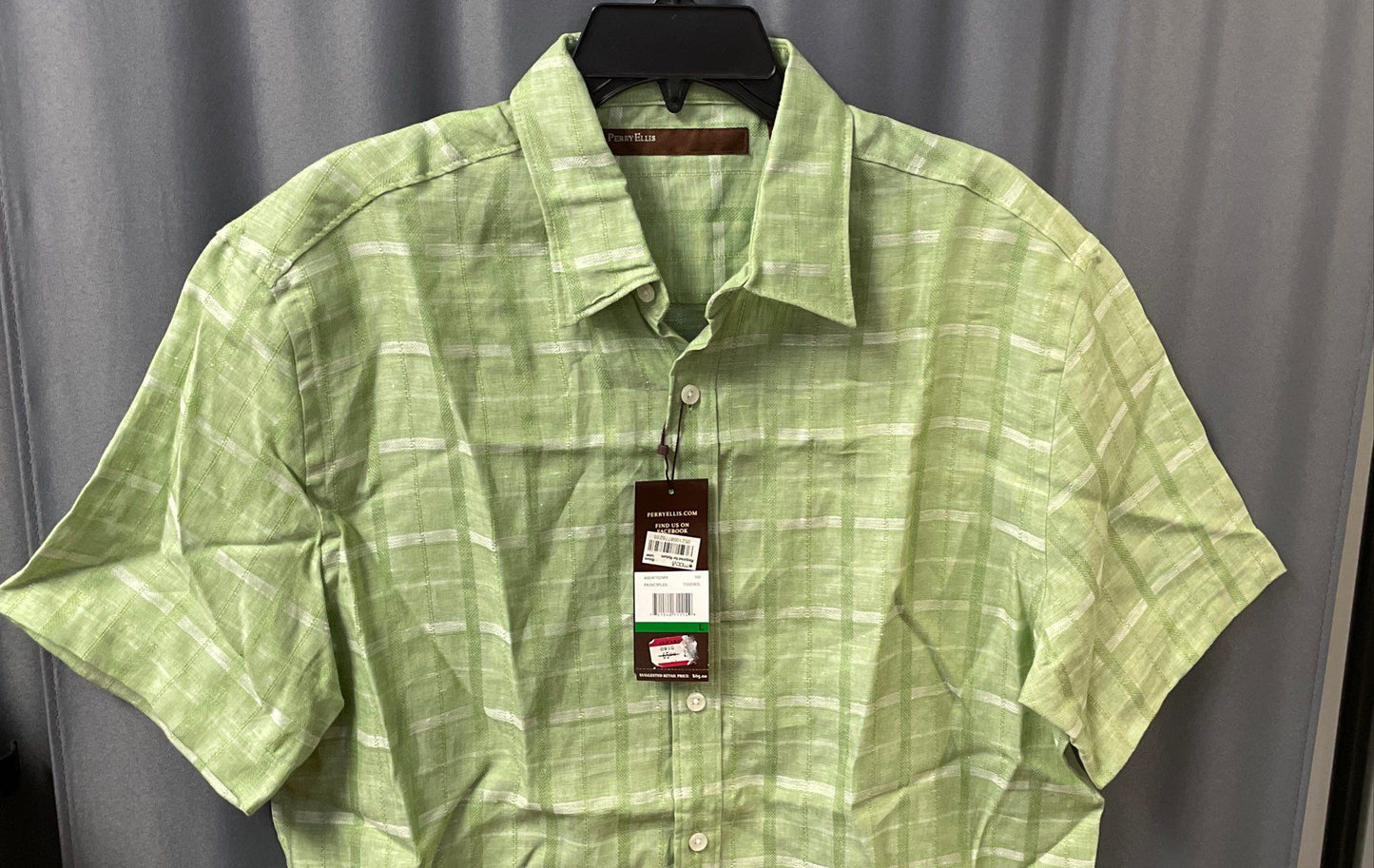 Perry Ellis Men's Green Principles Tendril Plaid Linen Blend Shirt NWT L
