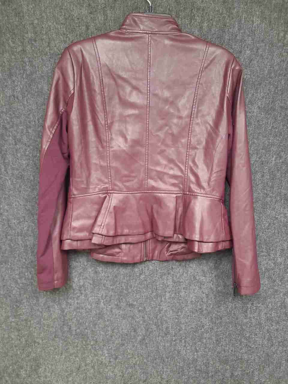 G.I.L.I. Women's Burgundy Faux Leather Peplum Moto Jacket Zip Front Size 8
