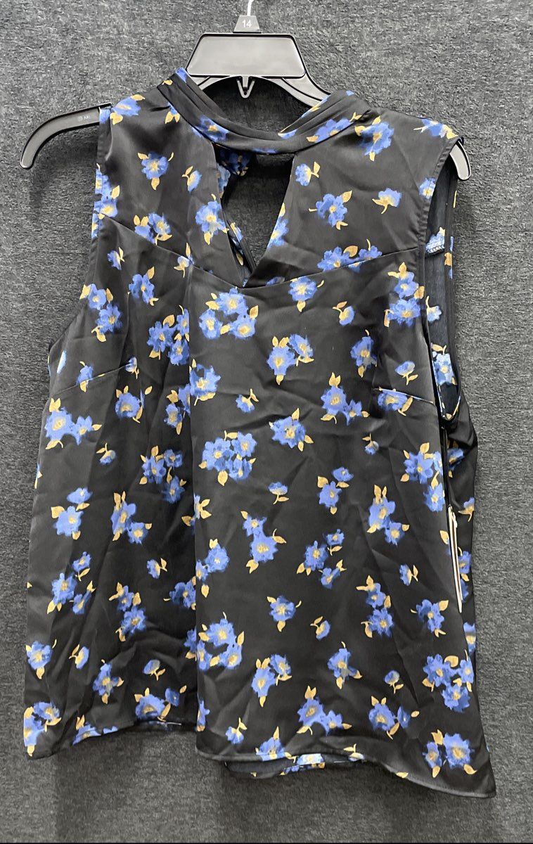 Halogen Women's Black Blue Floral Mock Neck Sleeveless Blouse Sz 1 NWT