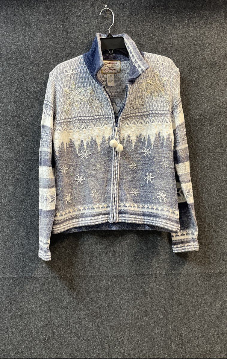 Heirloom Collectibles Women's Blue Snowflake Beaded Zip Sweater PS NWT