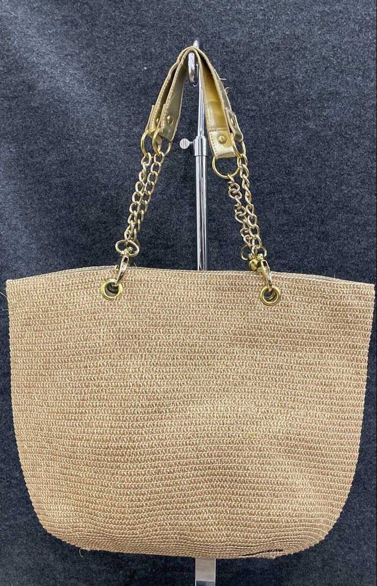 Unbranded Gold Woven Straw Tote Metallic Chain Link Shoulder Bag