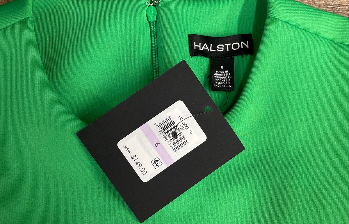 Halston Women's Green Sleeveless Sheath Dress Gold Chain Link Waist Sz 6 NWT