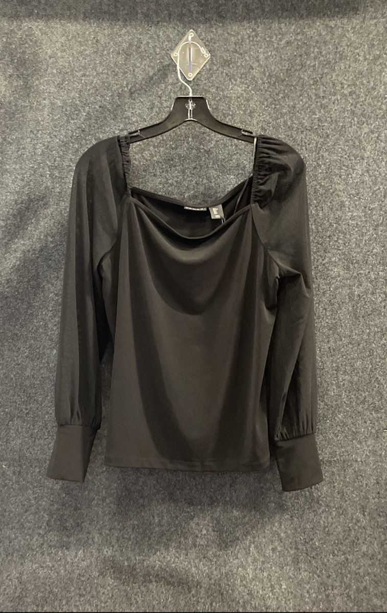 Tahari Women's Black Square Neck Puff Sleeve Mesh Blouse Top Sz L NWT