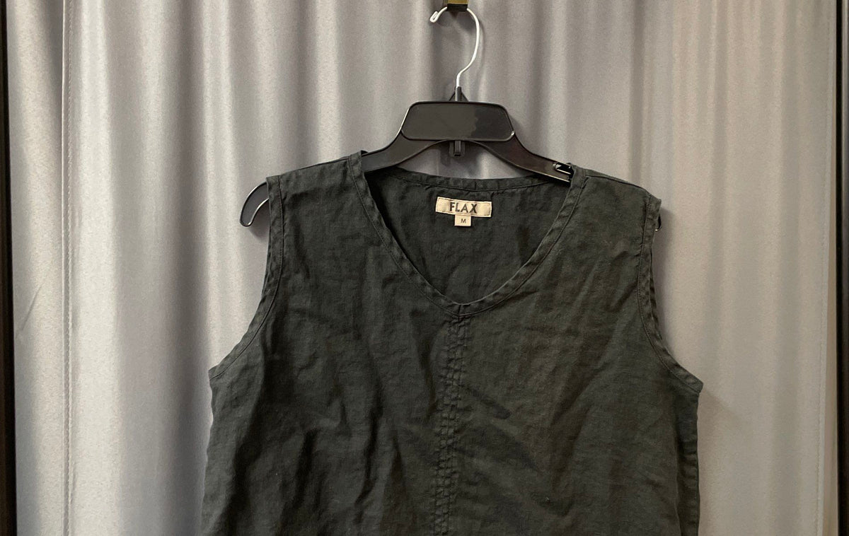 Flax Women's Black 100% Linen Sleeveless V-Neck High Low Hem Top Sz M