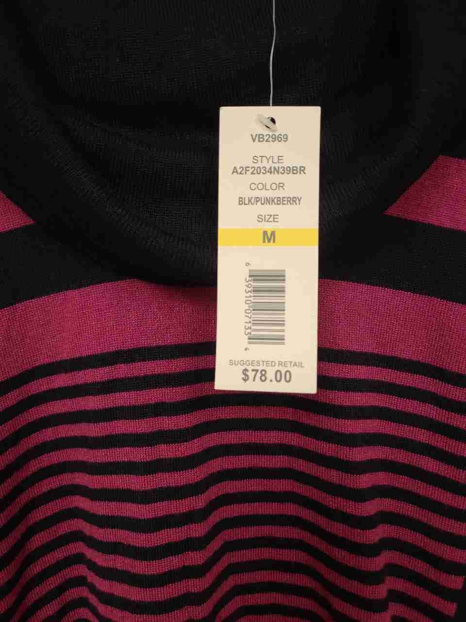 One A Women's Cowl Neck Sweater Black Punkberry Pink Striped Ruched NWT Sz M