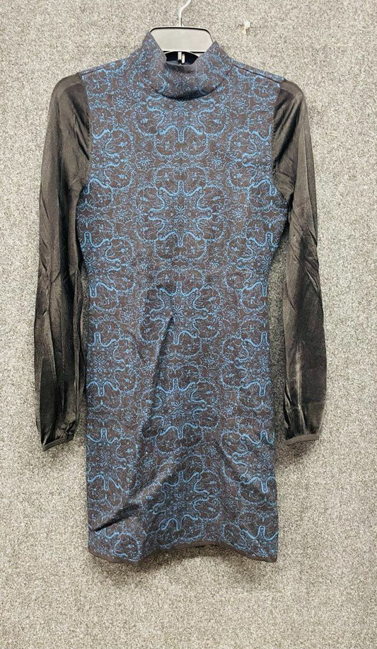 White House Black Market Women's Sweater Dress Black Blue Damask Mock Neck XXS