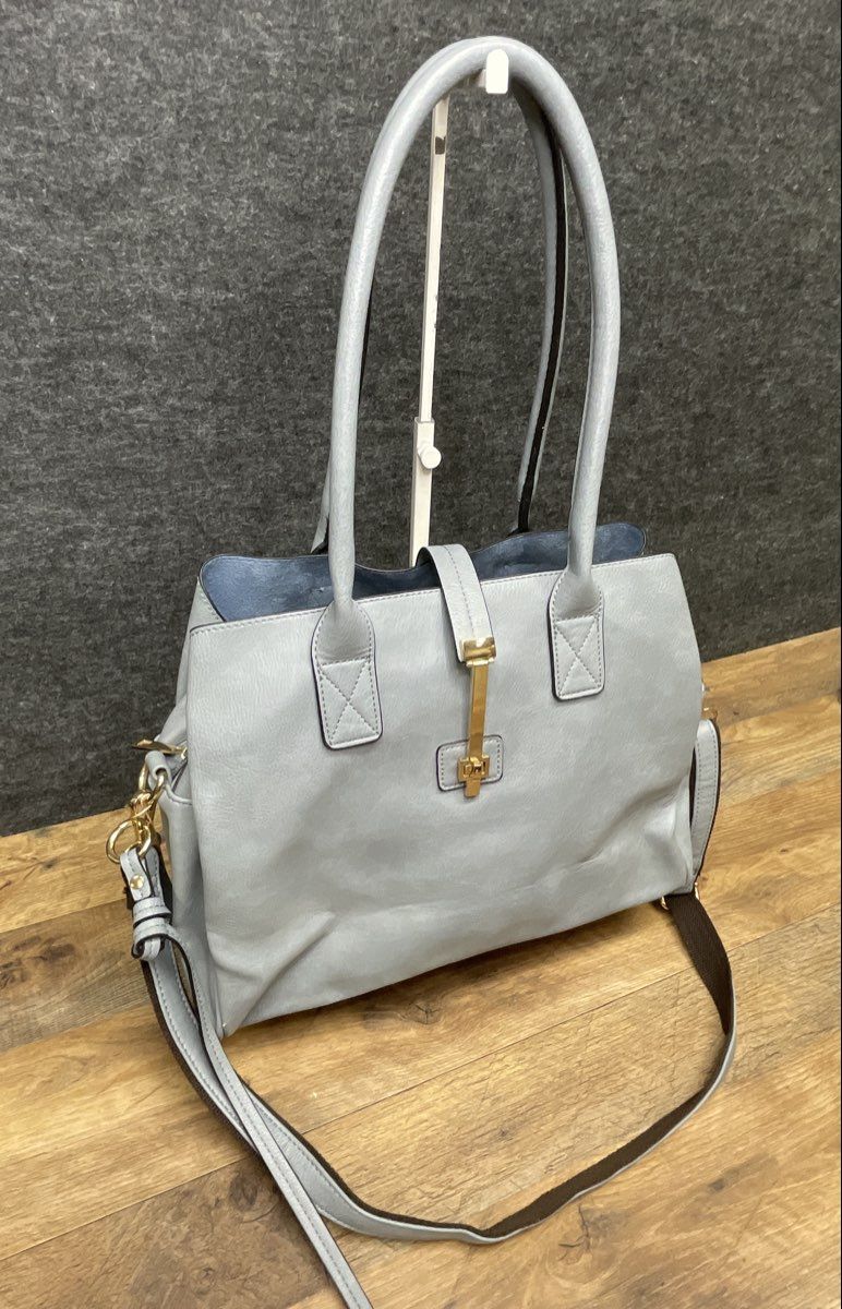 Mellow World Dusty Blue Faux Leather Triple Compartment Tote Bag Gold Hardware