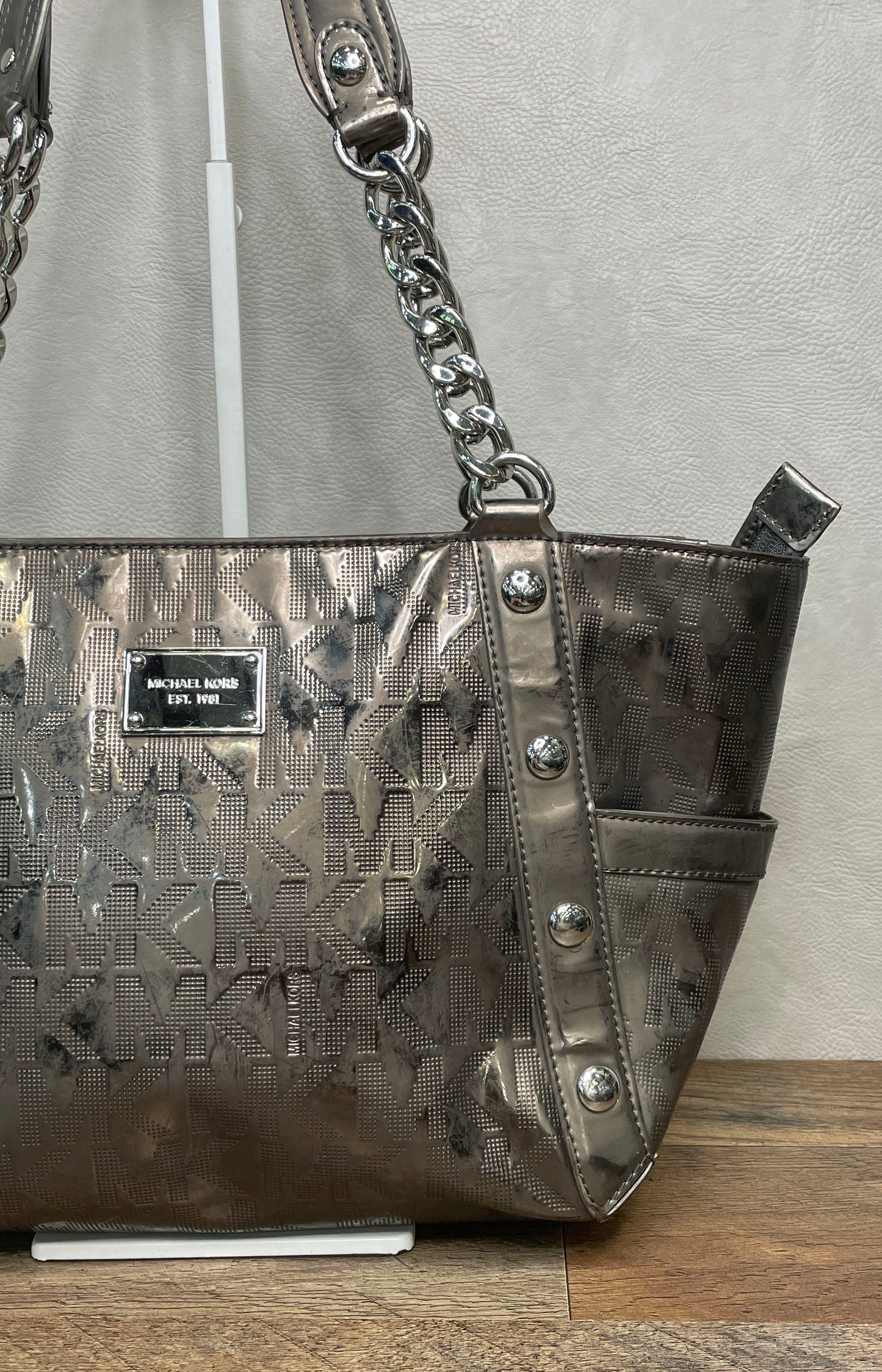Michael Kors Metallic Pewter Jet Set Chain Shoulder Tote Bag Silver Hardware