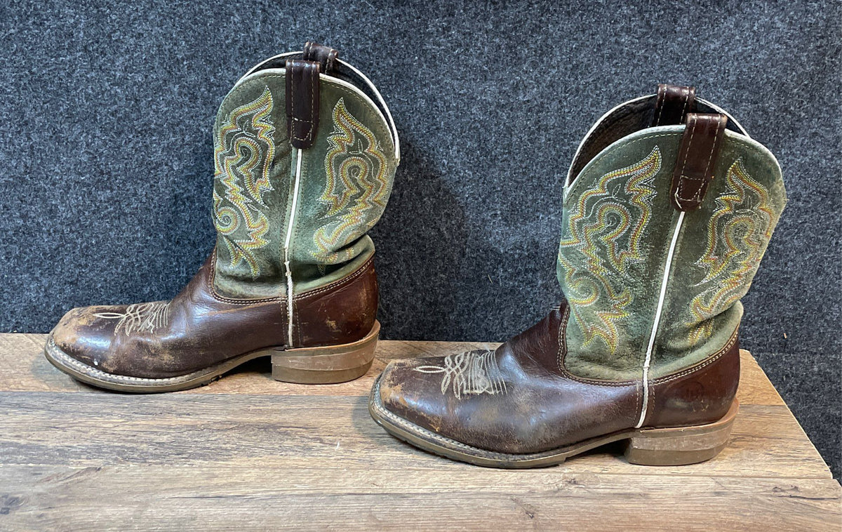 Double H DH4630 Brown Green Leather Square Toe Western Cowboy Boots Size 9.5 D