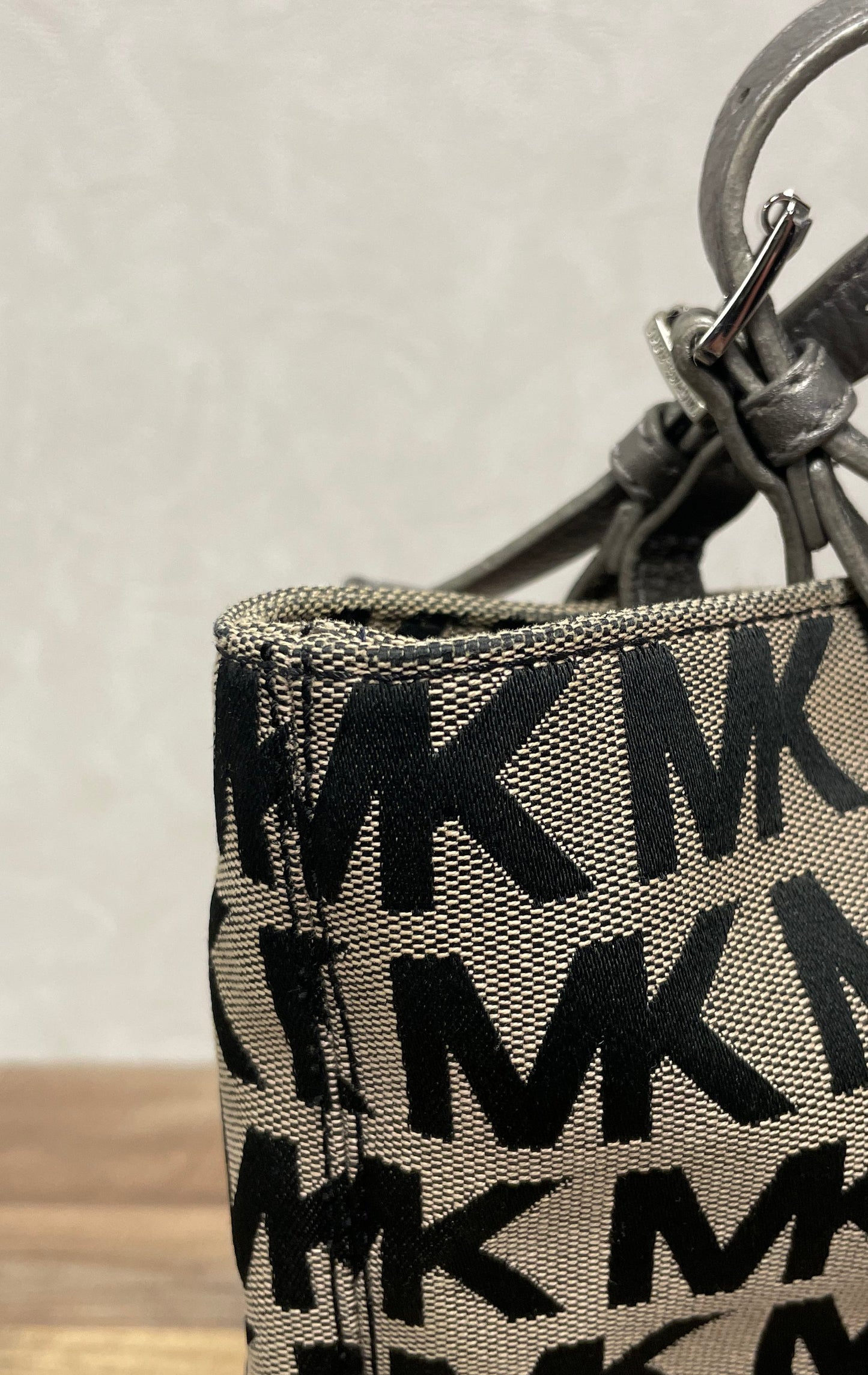 Michael Kors Black Tan MK Signature Jacquard Logo Tote Bag Silver Hardware