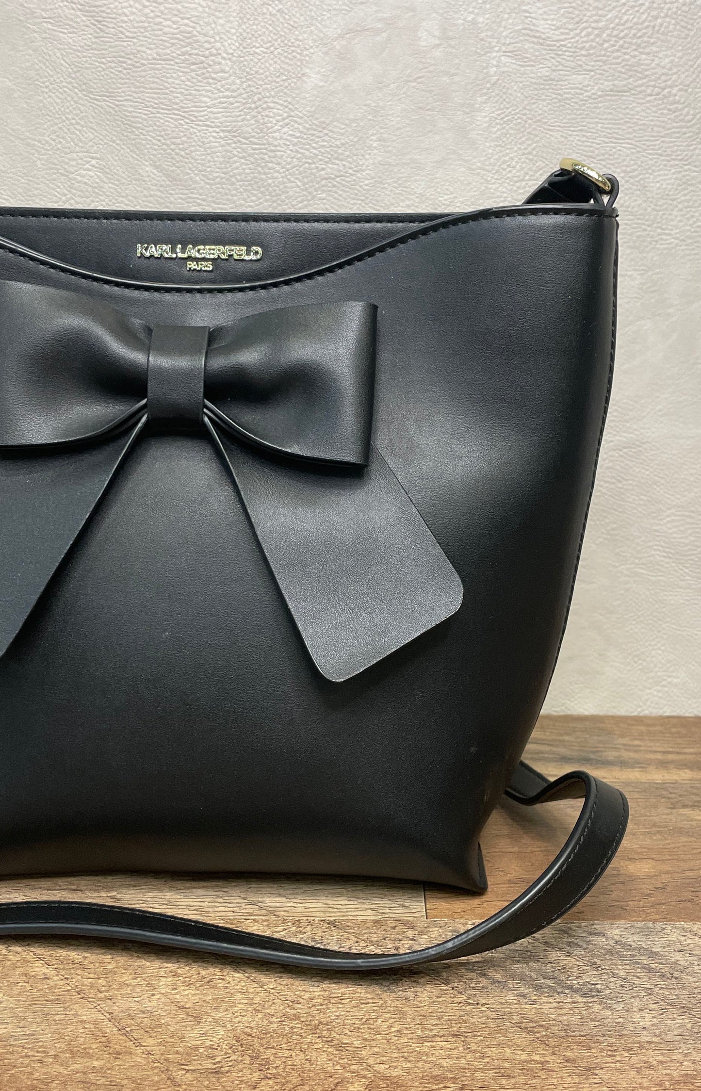 Karl Lagerfeld Paris Black Smooth Bag with Front Bow Crossbody Shoulder Bag