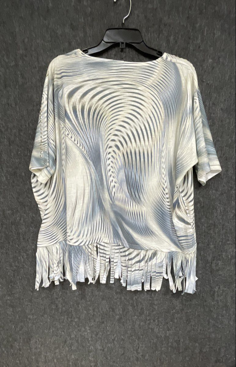 Chico's Women's Blue White Abstract Swirl Print Fringe Hem Studded Top Sz S/M