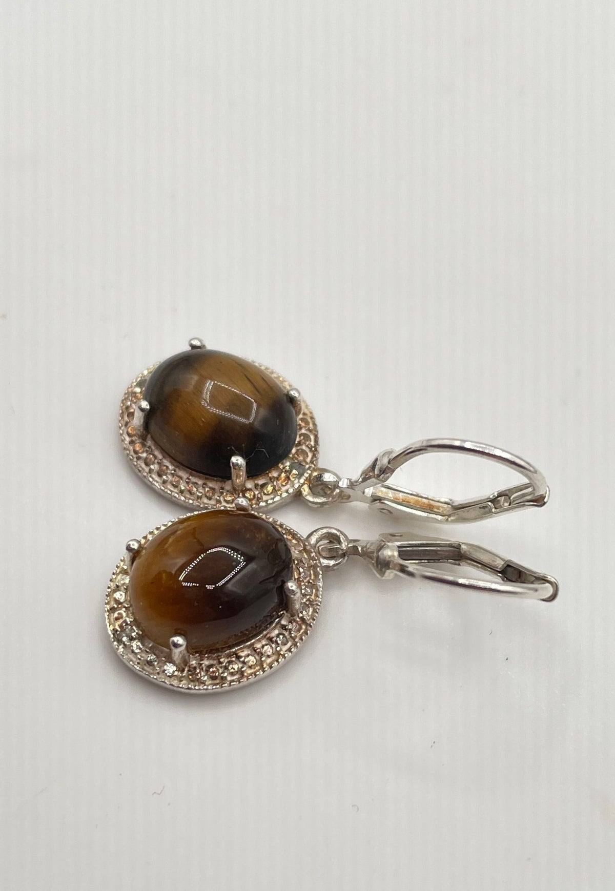 925 Sterling Silver Tiger's Eye Cabochon Leverback Drop Earrings 3.6g