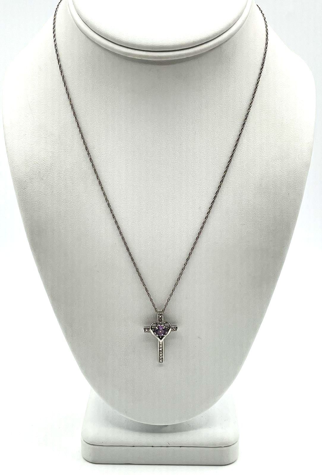 925 Sterling Silver Amethyst Cross Pendant Necklace 3g