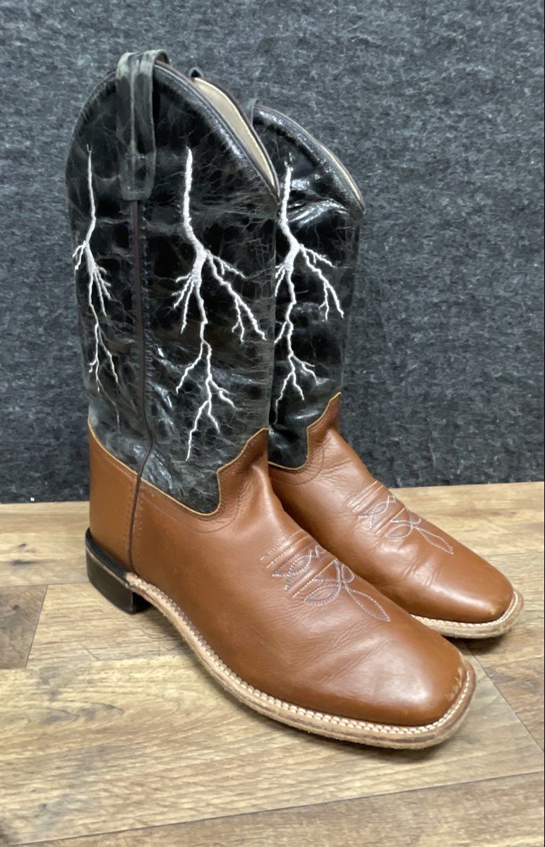 Western Lightning Bolt Square Toe Cowboy Boots Black Brown Leather Size 6D
