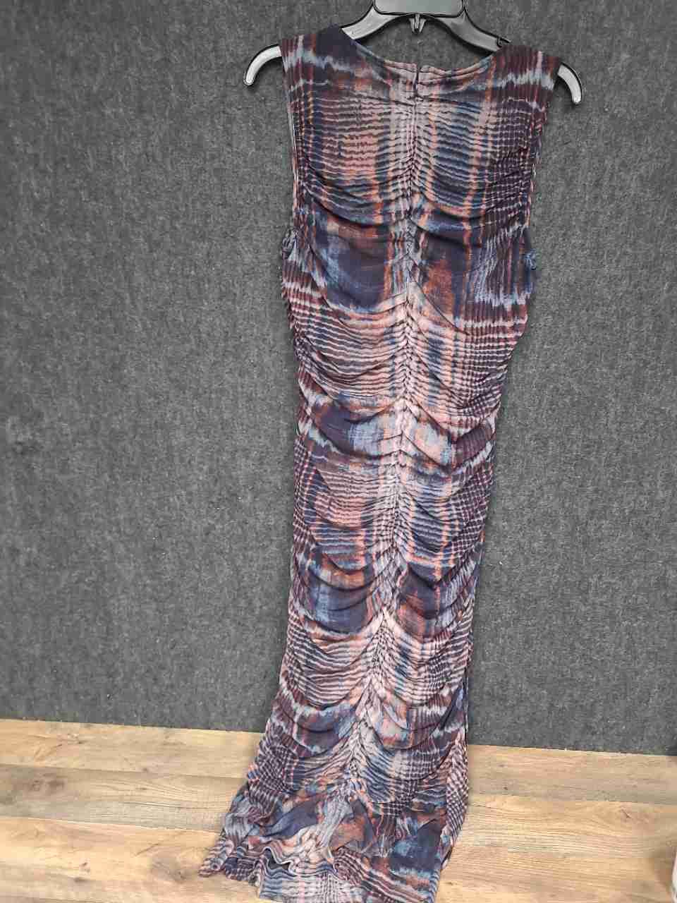 Kenneth Cole Women's Dark Navy Multi Ruched Mesh Sleeveless Maxi Dress Sz 14 NWT