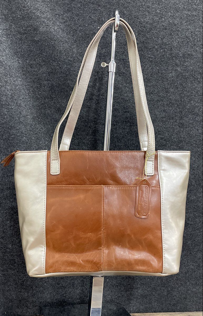 Aurielle Brown & Metallic Silver Leather Shoulder Bag Tote Front Zip Pocket