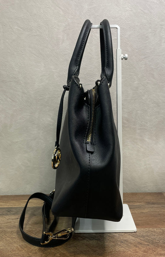 Michael Kors Black Saffiano Leather Medium Selma Satchel Crossbody Bag Gold