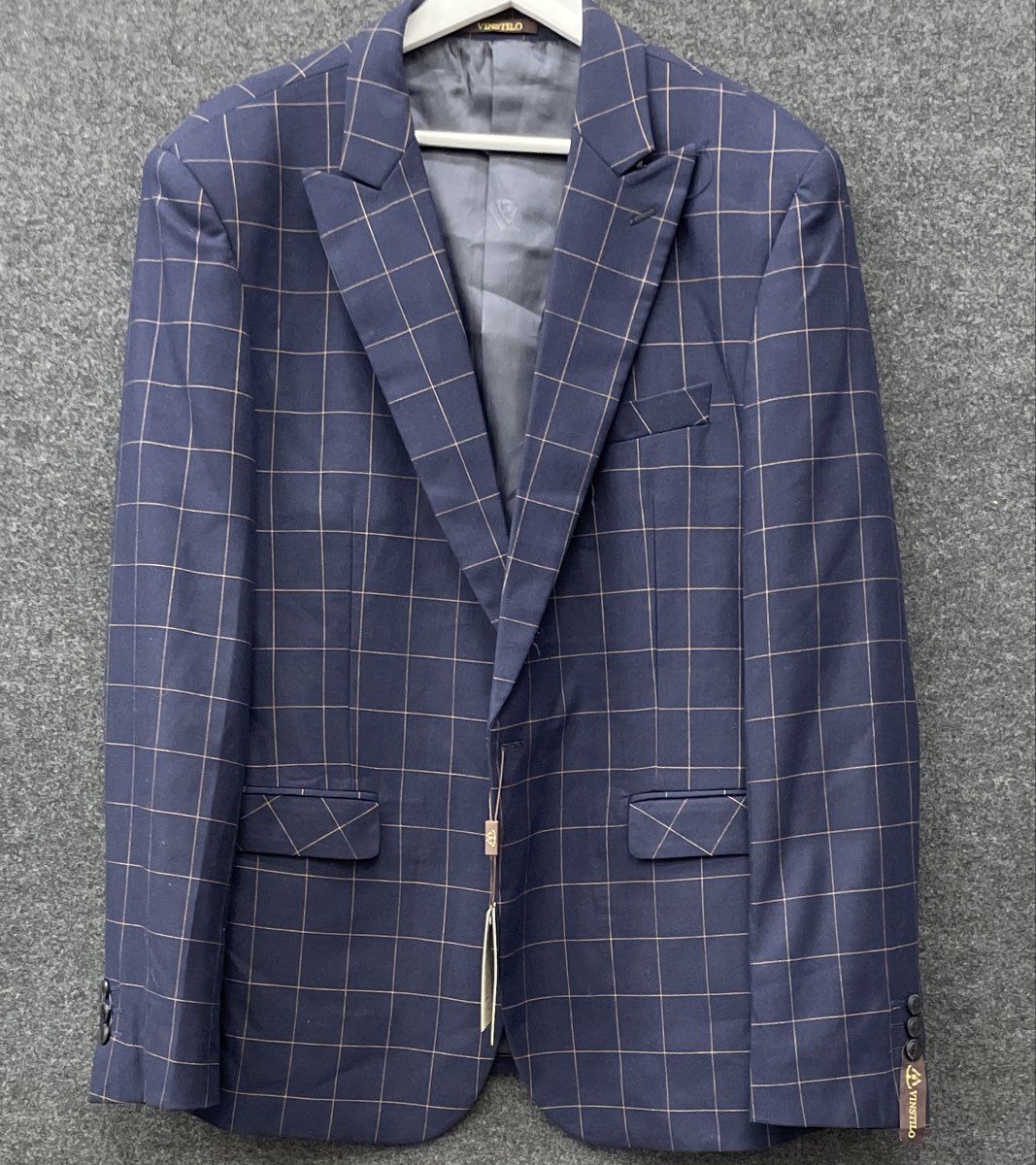 Vinstilo Men's Navy Blue Grid Windowpane Suit Jacket Blazer Sz 40 NWT VS9268-1