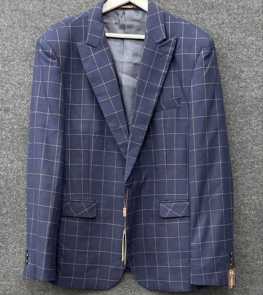 Vinstilo Men's Navy Blue Grid Windowpane Suit Jacket Blazer Sz 40 NWT VS9268-1