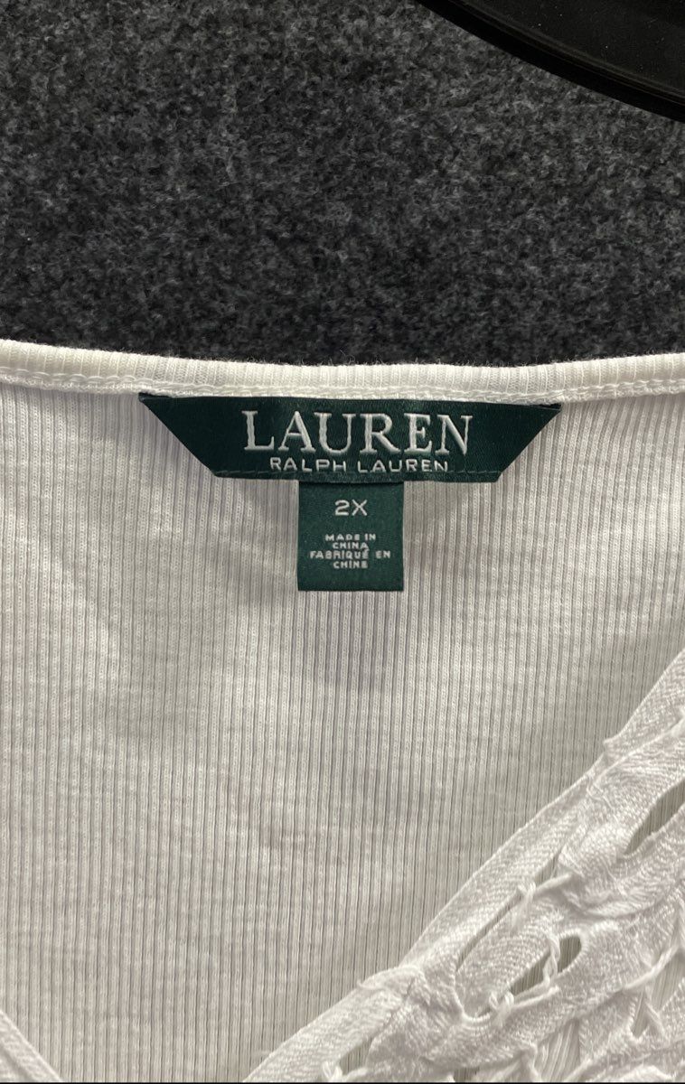 Lauren Ralph Lauren Women's White Ribbed Tank Top Floral Lace Trim V-Neck Sz 2X