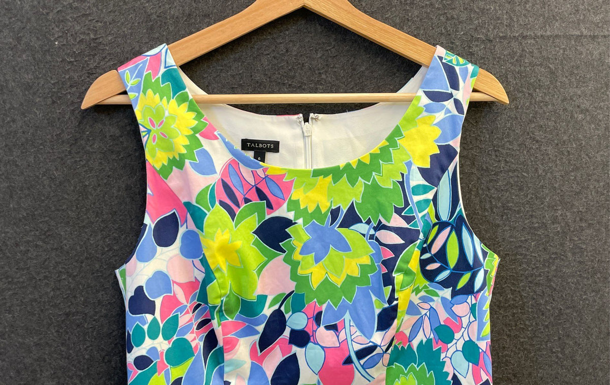 Talbots Women's Floral Sleeveless Cotton Blend Ruffle Hem Sheath Dress Sz 6