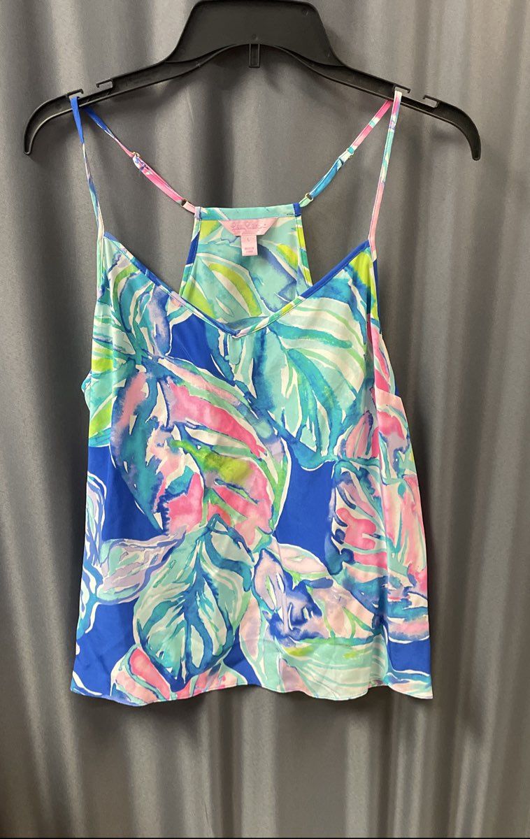 Lilly Pulitzer Women's Dusk 100% Silk Racerback Cami Tank Top Blue Floral Sz L