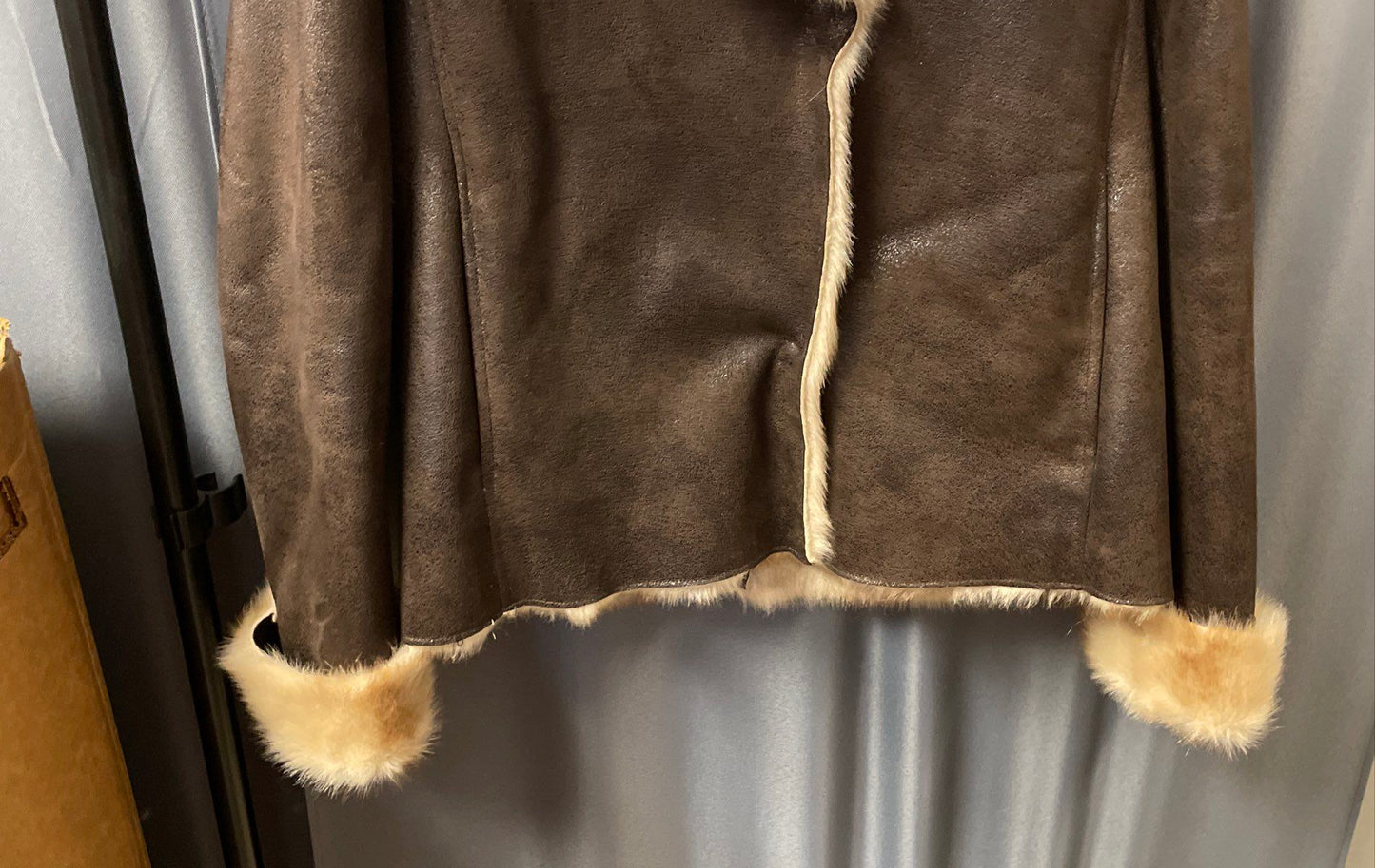 Vince Camuto Women's Brown Faux Suede Fur Trim Shearling Style Jacket Sz S