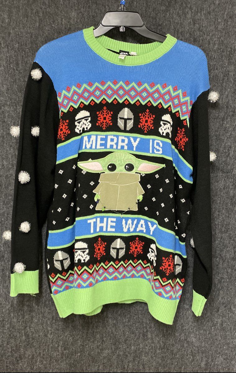 Star Wars The Mandalorian Grogu Ugly Holiday Sweater Adult Size L/XL Pom Poms