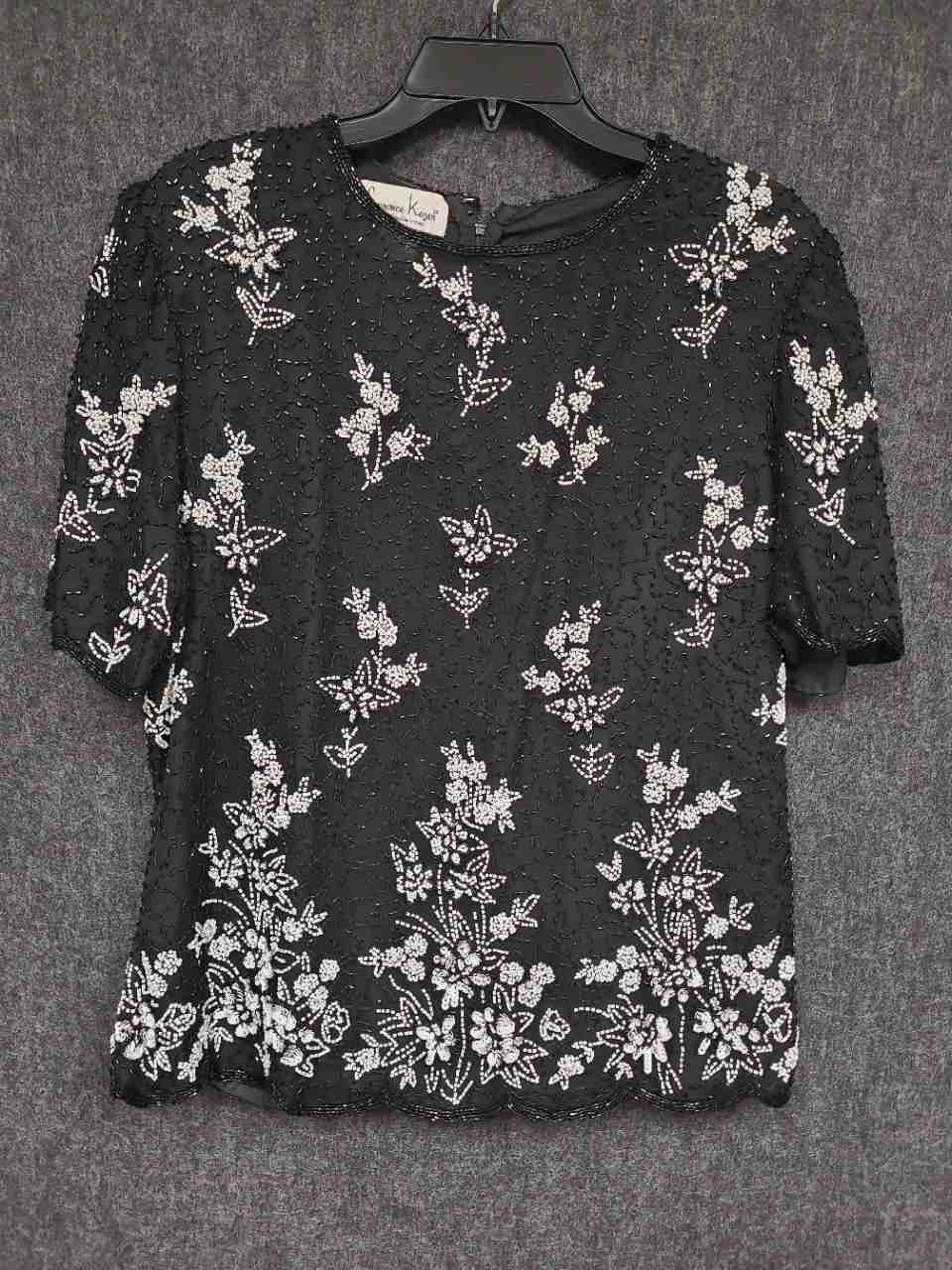 Vintage 90s Laurence Kazar Women's Black Floral Beaded Silk Shirt Blouse Sz XXL