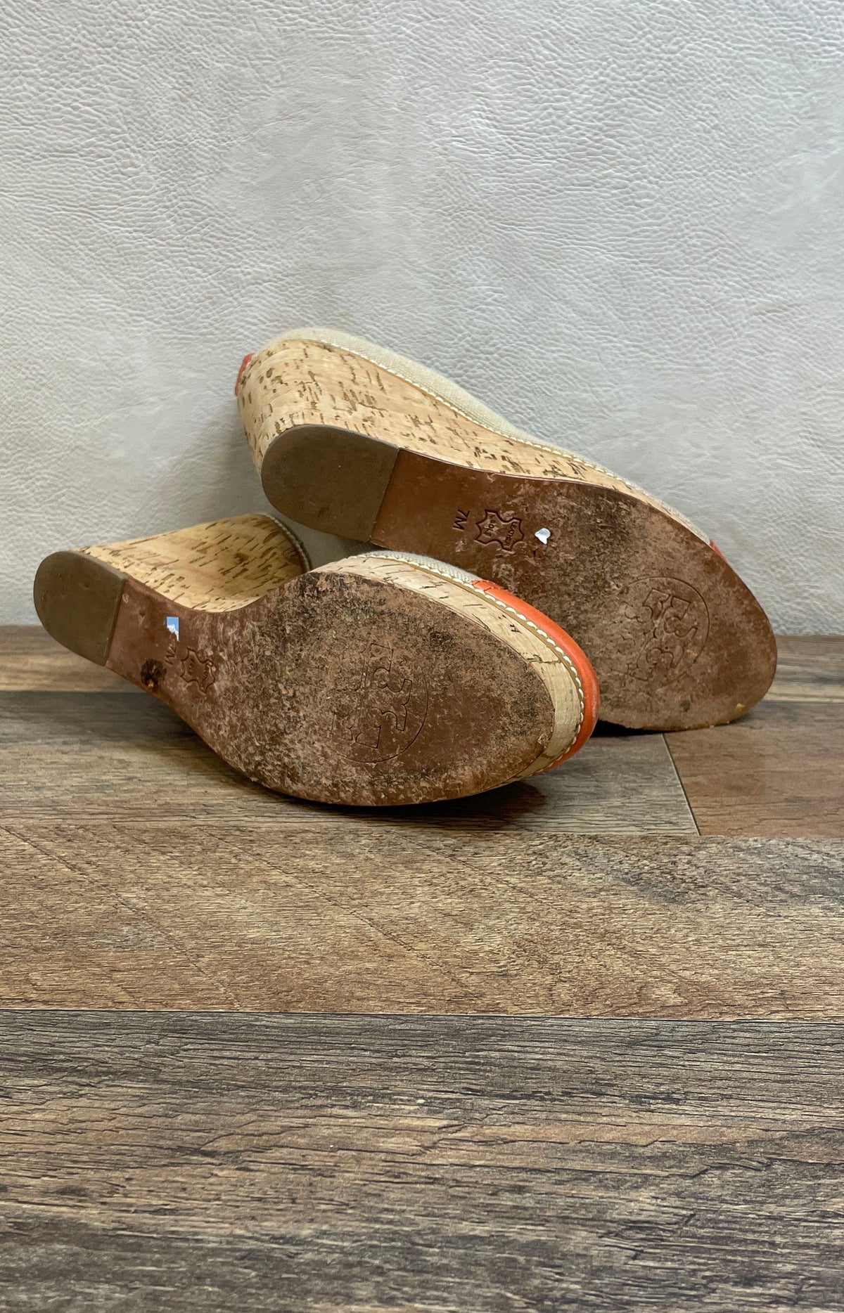 Tory Burch Canvas Orange Leather Toe Cork Platform Wedge Heels Size 7M